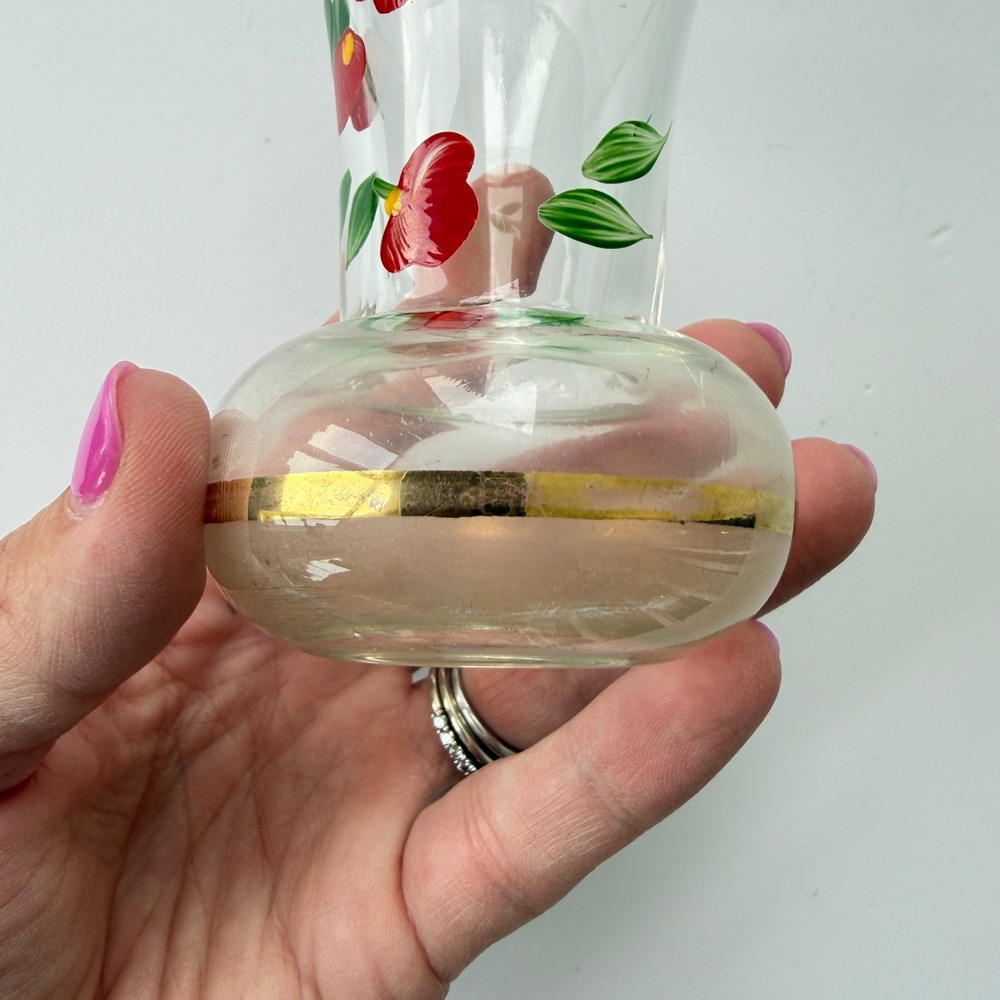 Vintage Hand Painted Floral Glass Bud Vase Red Flowers Gold Rim 3.75 Inch - Picture 6 of 7